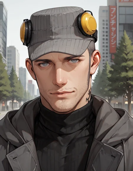 masterpiece, best quality, absurdres, newest, perfect quality, best quality, absolutely eye-catching, detailed background, intricate details, realistic, male focus, solo, <lora:Persona 5 - Munehisa Iwai - Illustrious_1:0.8>, m_iwai, 1boy, mature male, grey hair, grey eyes, long sideburns, stubble, neck tattoo, pinstripe hat, ear protection, grey long coat, black turtleneck, hood down, head tilt, come hither, looking at viewer, outdoors, city, trees, portrait, standing