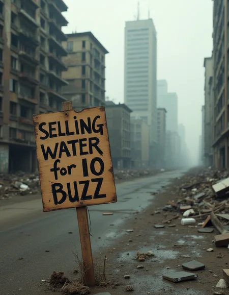 Apocalyptic setting, realistic, there is a destroyed metropolis and a makeshift wooden sign with 'selling water for 10 buzz' written with black marker on it