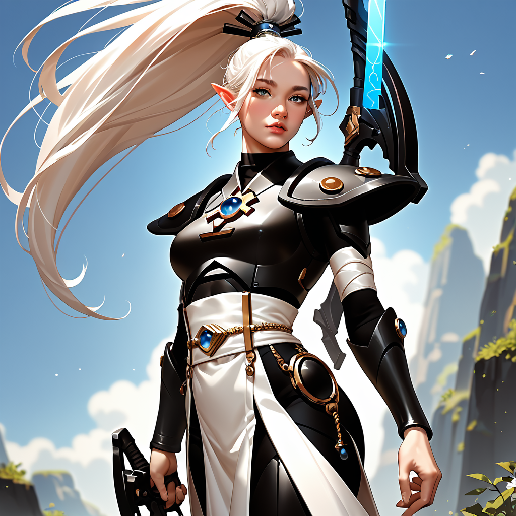 score_9, score_8_up, score_7_up, score_6_up, score_5_up, score_4_up, source_anime, <lora:aeldari_Pony_2:1> aeldari, asuryani, standart aeldari, aeldari's armor, solo, long white ponytail hair, white hair, 1girl, full armor, black armor, pointy ears, breastplate, chestplate