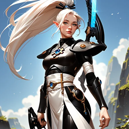 score_9, score_8_up, score_7_up, score_6_up, score_5_up, score_4_up, source_anime, <lora:aeldari_Pony_2:1> aeldari, asuryani, standart aeldari, aeldari's armor, solo, long white ponytail hair, white hair, 1girl, full armor, black armor, pointy ears, breastplate, chestplate