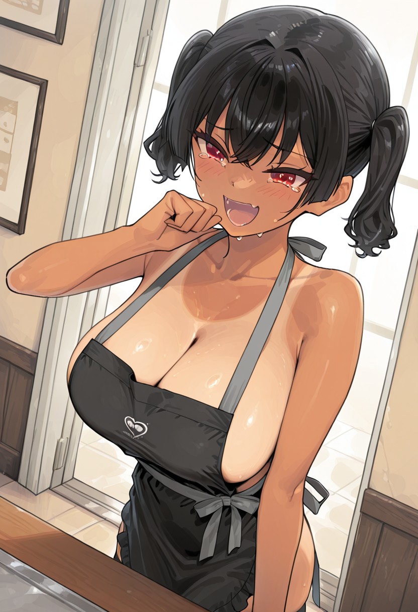 score_9, score_8_up, score_7_up, score_6_up, source_anime, BREAK, 1girl, solo, (( <lora:sasaki_kanna:1> , sasaki_kanna, piercing red eyes, clear eyes, bright pupils, beautiful eyes, beautiful black hair, short twintails, bangs, left side ponytail, thin waist, wide hips, beautiful skin, huge and shaggy breasts, short busty woman, natural beauty, extraordinary beautiful woman, attractive woman, super sexy woman, lustful body, sexy woman with seductive obscene body, sensual body, voluptuous body, sexy beauty, )) , beautiful tanned skin, perfect hand, 5 finger, good fingers, anatomically correct, female focus, masterpiece, best quality, newest, absurdres, highres, female focus, solo focus, ((naked apron, sexy black maid apron with with frilled white edge, obscene cleavage, huge cleavage, apron's grey belt, dark grey thighhighs, )) , wheeze, upper body, laughing, tears, clenched hand, crying, hand on table, open mouth