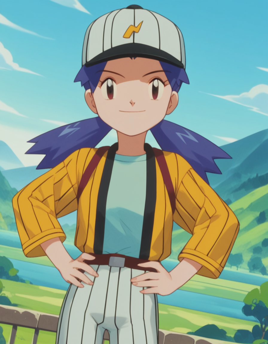 score_9, score_8_up, score_7_up, source_anime,
pokemoncasey, <lora:pokemon-casey-anime-ponyxl-lora-nochekaiser:1>,
casey, long hair, twintails, blue hair,
shirt, long sleeves, hat, striped, white headwear, baseball cap,
landscape, smile, hands on hips,
looking at viewer, cowboy shot, dutch angle, solo,