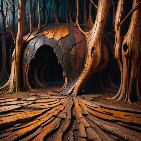 <lora:Wood-world_XL:1> in the style of wood-world_XL, surrealism painting, 16k, extreme detail, fine textures, dark shadows, dark, sharp lines, decay flatwoods, vivid colors. beautiful. revealing. masterpiece. cracked. Hungarian landscape, doglegs, derelict