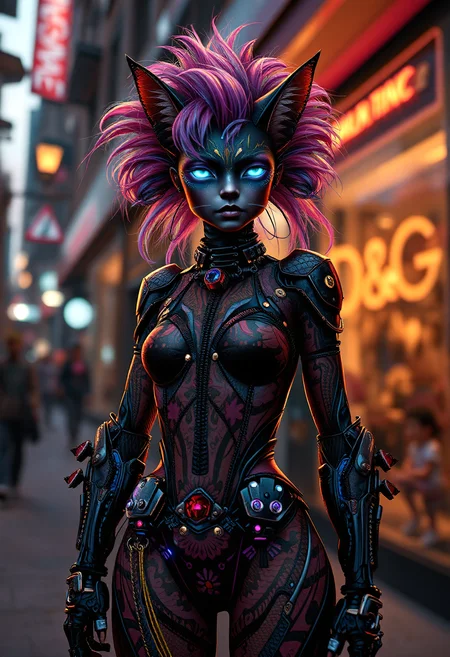 gypsypunk style, avant_gardepunk style, at sunset, a cat-human hybrid stands proudly outside a futuristic D&G-style boutique, sleek carbon fiber mechanical arms, atmospheric perspective, hairstyle a riot of colorful spikes and dye, augmented enhancements visible, glowing circuits and fiber-optic strands and LEDs of pulsing with energy, and explosion of creative chaos, vibrant colors and bold outlines, style of Wayne Barlowe meets Jean-Paul Goude, <lora:other/flux_realism_lora> . cutting-edge fusion of art, music, fashion, and technology, blending bold, colorful patterns, distorted proportions, abstract shapes, and augmented mechanical enhancements, featuring punk-inspired hairstyles, makeup, and accessories, and an atmosphere of creativity and rebellion, <lora:other/flux_realism_lora> . gypsy-inspired aesthetic with punk elements, traditional gypsy music, and augmented mechanical enhancements