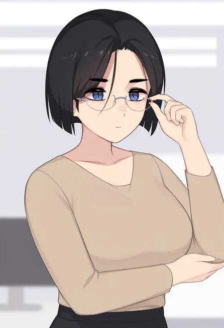 1girl, solo, akiyama yuko, blue eyes, black hair, short hair, brown shirt, long sleeves, 
adjusting glasses with one hand, serious expression, slightly furrowed brows, business attire, corporate office background, sunset light coming through blinds, depth of field
<lora:Character_Akiyama Yuko:1>