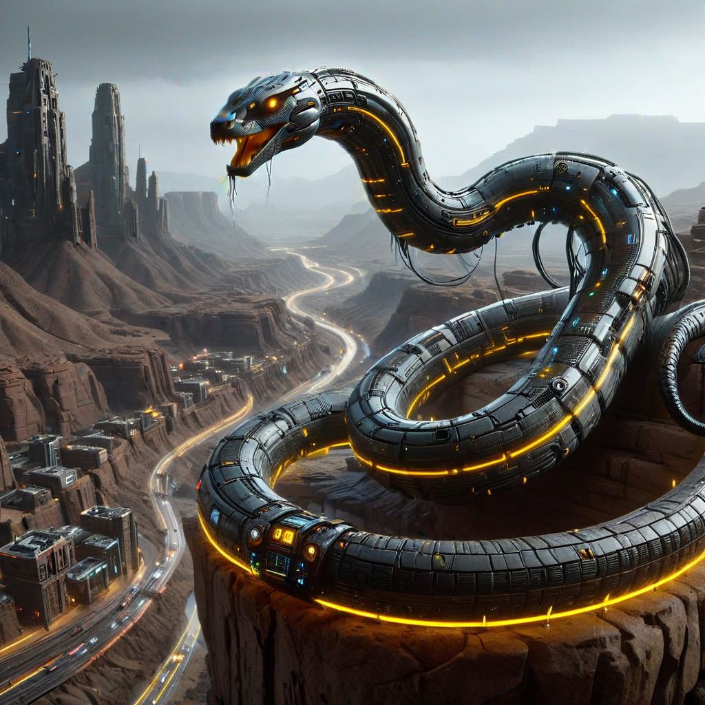 One giant cybernetic snake atop of a canyon in the desert, one ciberpunk city in the distance, lines of yellow LEDs on the snake's body, mad-bdyarmr, cyberpunk buildings, cyberpunk city, night, dark lighting, heavy rain, high quality, absurd detail, masterpiece, cyberpunk style, real