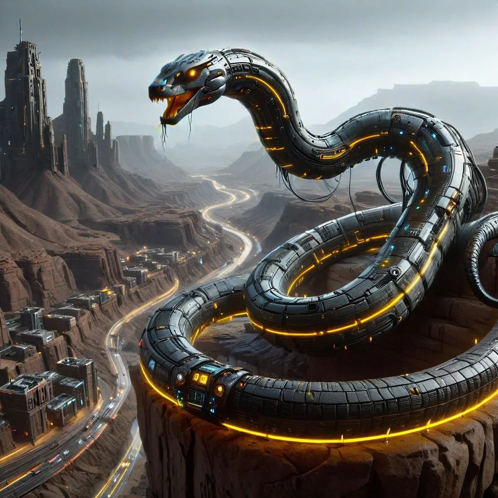 One giant cybernetic snake atop of a canyon in the desert, one ciberpunk city in the distance, lines of yellow LEDs on the snake's body, mad-bdyarmr, cyberpunk buildings, cyberpunk city, night, dark lighting, heavy rain, high quality, absurd detail, masterpiece, cyberpunk style, real