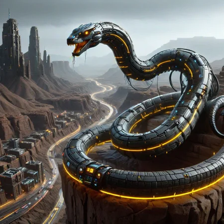 One giant cybernetic snake atop of a canyon in the desert, one ciberpunk city in the distance, lines of yellow LEDs on the snake's body, mad-bdyarmr, cyberpunk buildings, cyberpunk city, night, dark lighting, heavy rain, high quality, absurd detail, masterpiece, cyberpunk style, real