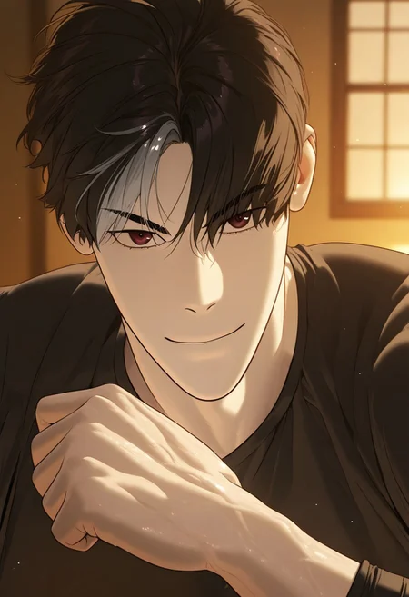 //General, masterpiece,best quality,amazing quality, source_anime, intricately detailed illustration, very aesthetic, absurdres, newest, anime coloring, subsurface scattering, , natural lighting, Expressiveh, detailed skin, shiny skin,aesthetics light, depth of field, vibrant colors,
//Fashion, black shirt, long sleeves,
//Background, castle interior, indoors, snow background outside the window,
//Others, 1boy, male focus, solo male, manly body,
//Action, looking at viewer, light smile, close up, upper body,
BREAK,
killer_peter, black hair, short hair, reddish-brown eyes, streaked hair, pale skin, curtained hair, white tone hair,