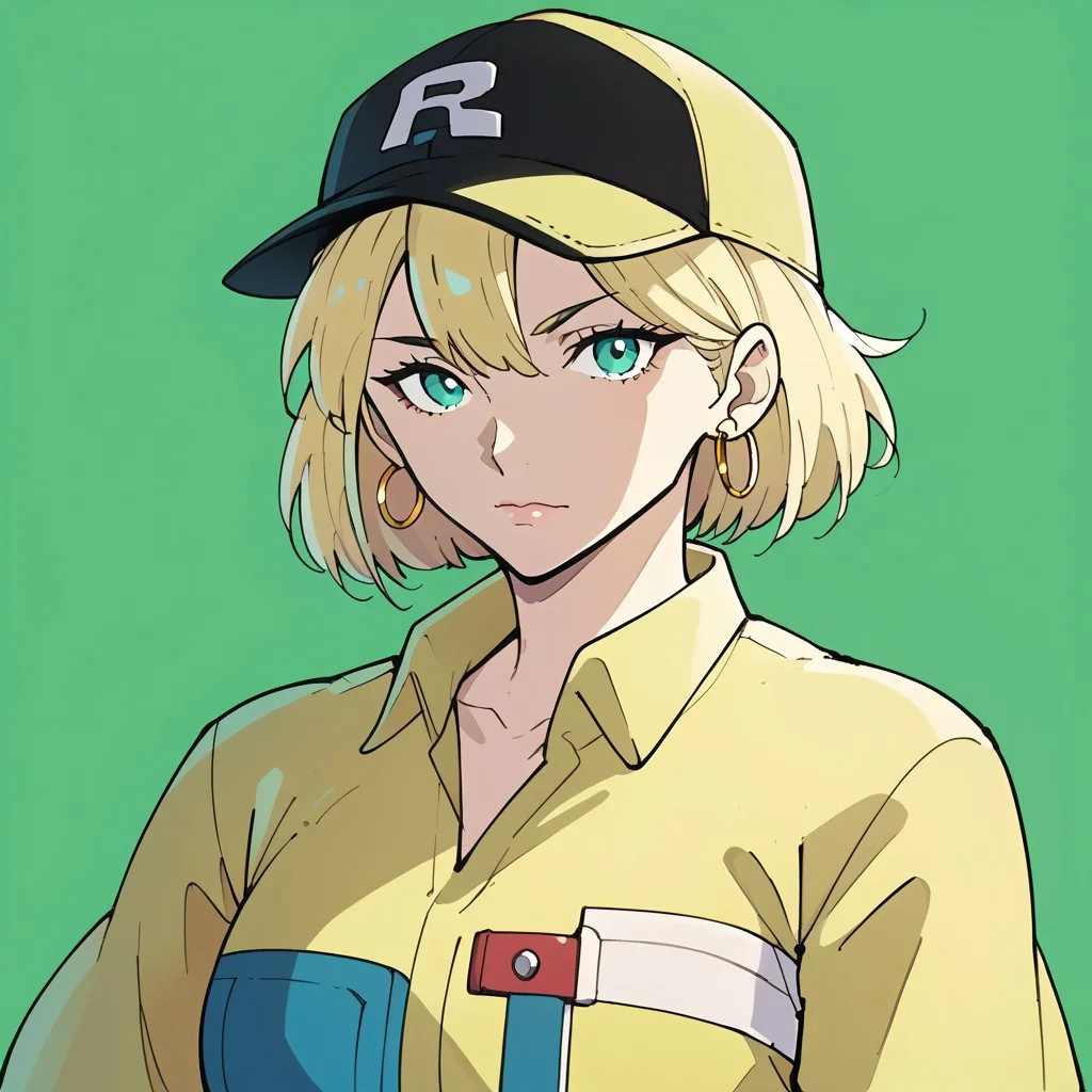 score_9, score_8_up, score_7_up, BREAK, source_anime, masterpiece, absurdres, BREAK,1girl, aqua eyes, baseball cap, blonde hair, closed mouth, earrings, green background, hat, hoop earrings, jewelry, looking at viewer, shirt, short hair, simple background, solo, upper body, yellow shirt, solo