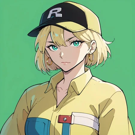 score_9, score_8_up, score_7_up, BREAK, source_anime, masterpiece, absurdres, BREAK,1girl, aqua eyes, baseball cap, blonde hair, closed mouth, earrings, green background, hat, hoop earrings, jewelry, looking at viewer, shirt, short hair, simple background, solo, upper body, yellow shirt, solo