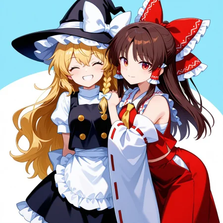 absurdres, masterpiece, best quality, amazing quality, artist:rotte(1109), touhouLW_style, 2girls, hakurei reimu, brown hair, bow, collared shirt, detached sleeves, frilled bow, frilled hair tubes, frilled skirt, frills, hair bow, hair tubes, long hair, red bow, red shirt, red skirt, red eyes, ribbon-trimmed sleeves, ribbon trim, shirt, sidelocks, skirt, skirt set, sleeveless, sleeveless shirt, white sleeves, standing, smile, looking at viewer, BREAK, ADDCOL, marisa kirisame, apron, black hat, black skirt, black vest, blonde hair, bow, braid, buttons, double-breasted, frilled apron, frilled skirt, frilled sleeves, frills, hair bow, hat, hat bow, long hair, puffy short sleeves, puffy sleeves, ribbon-trimmed sleeves, ribbon trim, shirt, short sleeves, side braid, single braid, skirt, very long hair, vest, waist apron, white apron, white bow, white shirt, witch hat, yellow eyes, ^ ^, grin, closed eyes, hands on another's shoulder