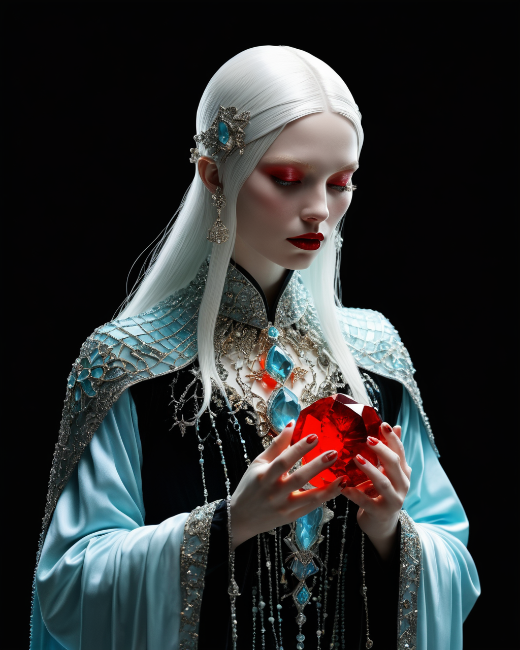 wizard casting a spell, blood red lips, inhuman, outlandish, science fiction, full body, bright star, sunlight shining through gemstone of semi-precious stone, AQUAMARINE, Kay Nielsen, transparency, volumetric lighting, prismatic effect, black background,  perfect hands, perfect fingers, <lora:add-detail-xl:1.0>