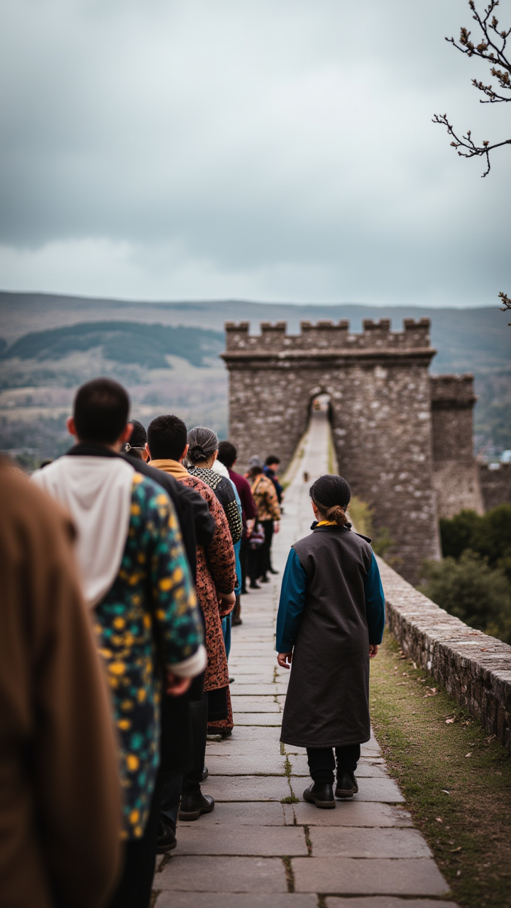 RAW photo, landscape of a In the heart of a bustling city, a group of people dressed in traditional clothing stand on opposite sides of an ancient stone wall. Canon R5, Selective focus, aidmaHyperrealism