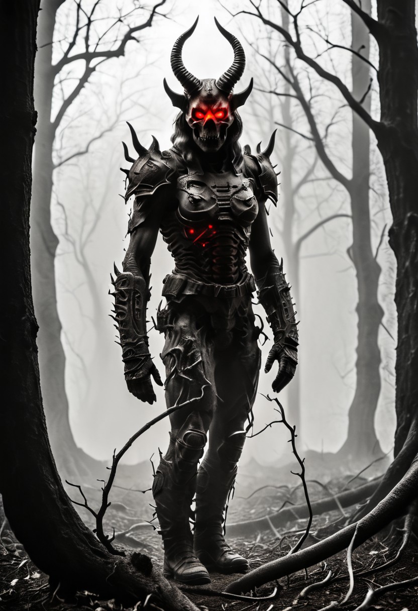 silhouette style, cinematic film still of the silhouette of an disembodied of a female demon,head, multiple eyes, horrific, with a megaphone instead of his head sitting on a branch at night, with glowing eyes, very detailed, haze lighting, backlit, 4k uhd masterpiece, blackmetal style, xerox, black and white, BadDream, UnrealisticDream, Doomguy, soviet poster, femalebonedemon