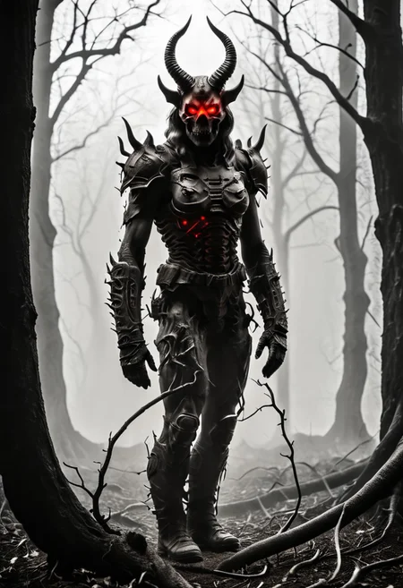 silhouette style, cinematic film still of the silhouette of an disembodied of a female demon,head, multiple eyes, horrific, with a megaphone instead of his head sitting on a branch at night, with glowing eyes, very detailed, haze lighting, backlit, 4k uhd masterpiece, blackmetal style, xerox, black and white, BadDream, UnrealisticDream, Doomguy, soviet poster, femalebonedemon