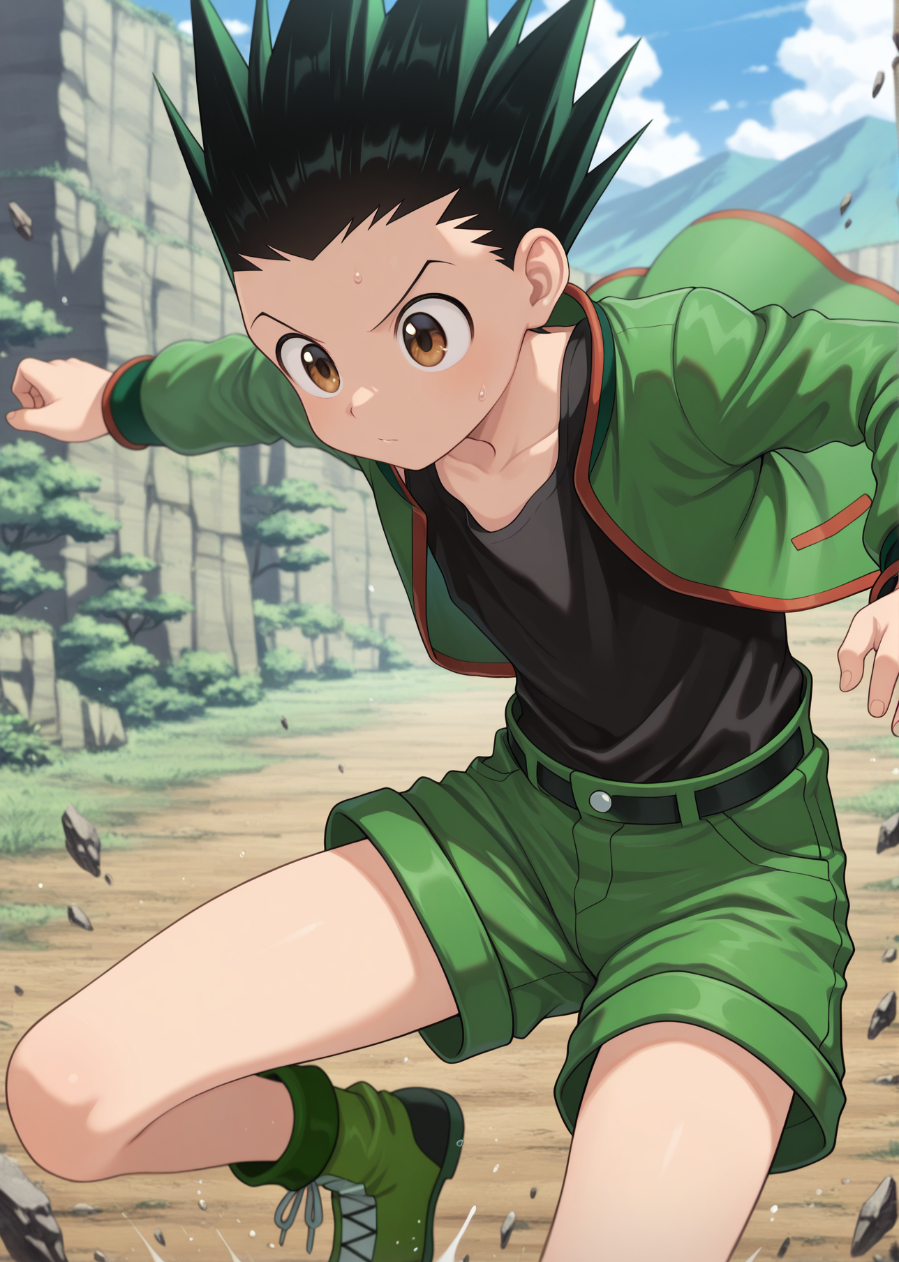 masterpiece, best quality, absurdres, amazing quality, 1boy, solo,  <lora:IlluGon-000010:1> illugon, black hair, green hair, spiked hair, brown eyes, green shorts, green jacket, open jacket, black tank top, dynamic pose, outdoors,