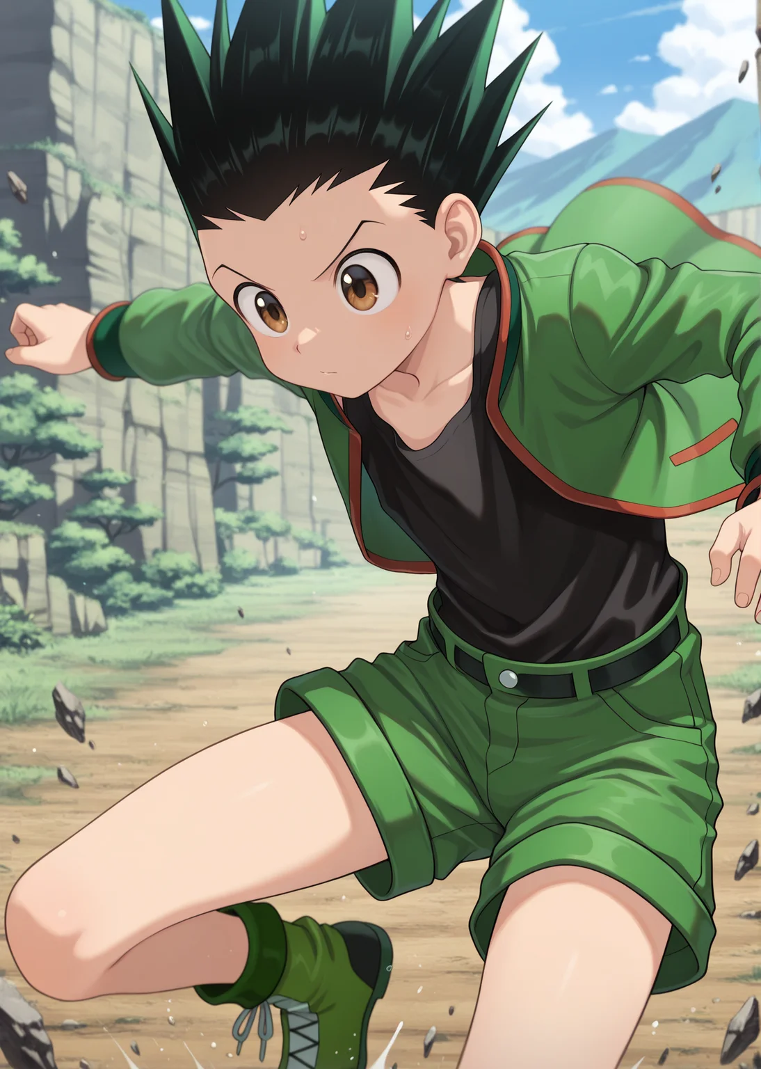 masterpiece, best quality, absurdres, amazing quality, 1boy, solo, <lora:IlluGon-000010:1> illugon, black hair, green hair, spiked hair, brown eyes, green shorts, green jacket, open jacket, black tank top, dynamic pose, outdoors,