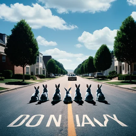 <lora:add-detail-xl:1>
<lora:detailed:0.3>
<lora:perfection style:0.3>
<lora:xl_more_art-full_v1:0.3>
 <lora:Donnie Darko film style:1>
a movie poster with a group of people in the background,outdoors,multiple boys,sky,day,cloud,tree,blue sky,no humans,ground vehicle,building,scenery,realistic,road,street , cinematic, film, shadow of a bunny on ground, Donnie Darko film style
