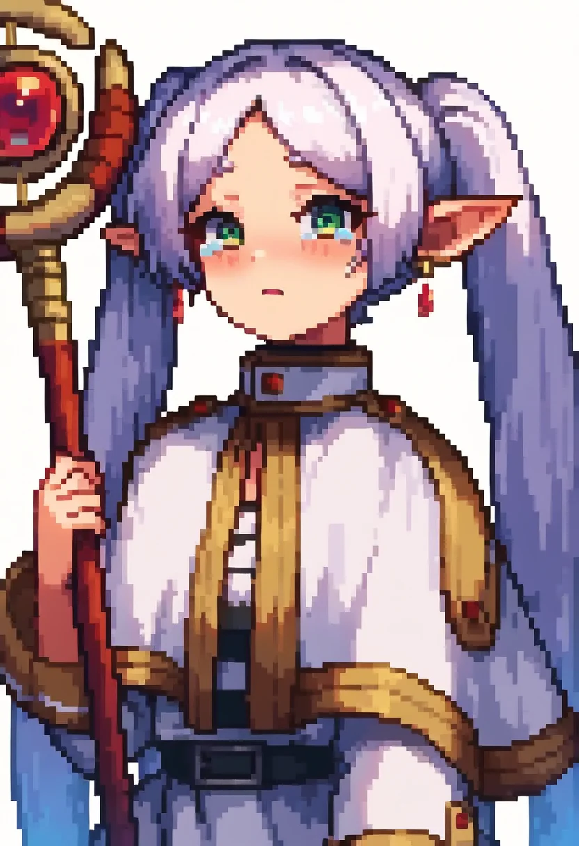 <lora:frieren_nereirfpnxl_pony_v2:1> score_9, score_8_up, score_7_up, score_6_up, BREAK
source anime, nereirfpnxl, frieren, 1girl, solo, pointy ears, green eyes, twintails, staff, very long hair, earrings, holding, jewelry, white background, holding staff, capelet, elf, looking at viewer, dress, simple background, white capelet, long sleeves, white dress, closed mouth, parted bangs, white hair, upper body <lora:pixelXL:1> pixel,pixel art, 8 bits, open mouth, solo, tears, crying, blush, crying with eyes open, <lora:XL_crying_aqua(kohaku_delta):1>