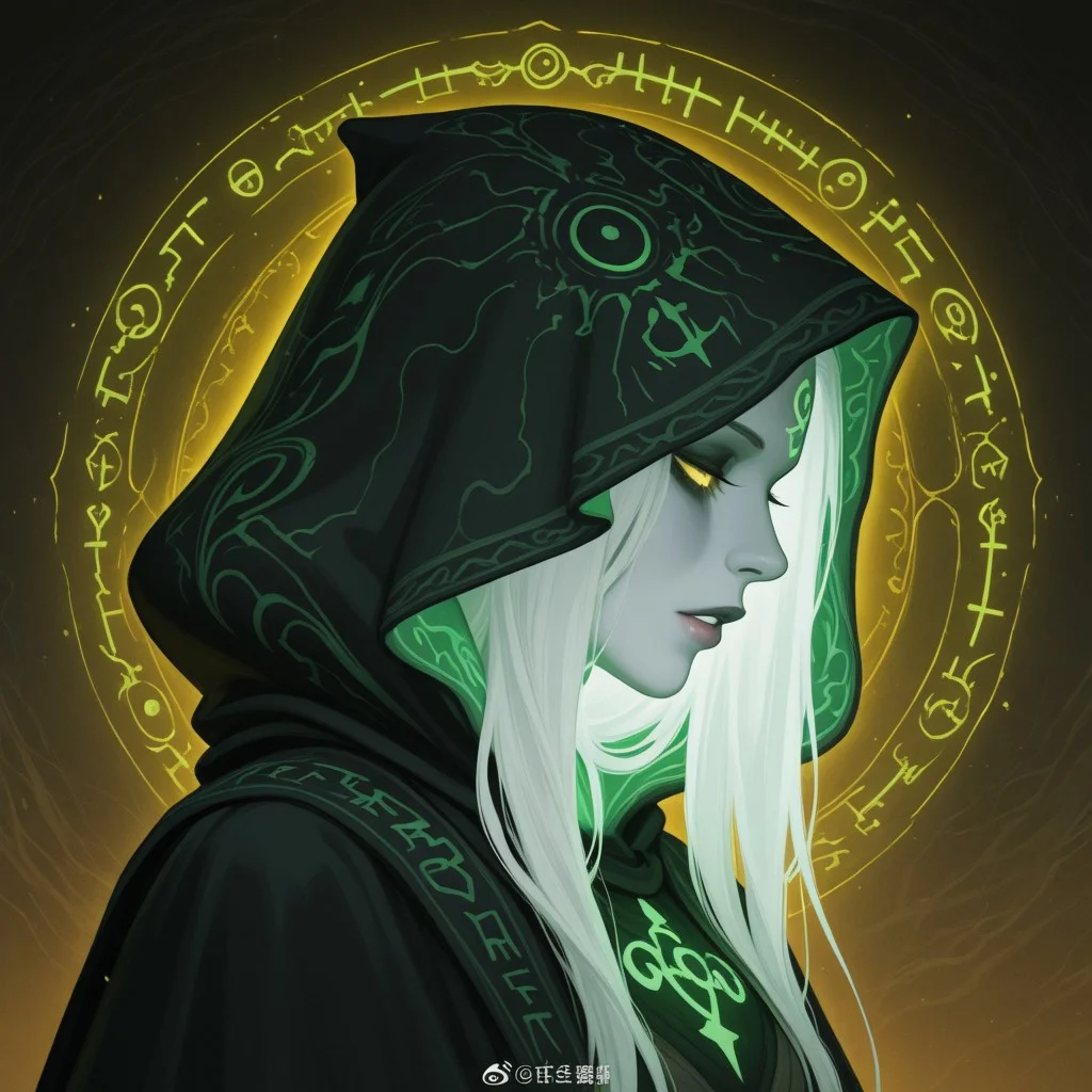 embedding:lazympos, A digital artwork portraying a profile view of a Female Necromancer with a serene yet eerie expression. She wears a hooded black cloak, intricately embroidered with glowing necromantic green runes and necrotic symbols. The background is a textured, golden-yellow hue, contrasting the dark, shadowy silhouette of the necromancer. Her makeup is subtle yet haunting, with pale, ghostly skin and eyes and lips accented by a faint, ethereal purple glow. The artwork blends dark fantasy and realism, with intricate necromantic green patterns adding an arcane elegance. The background is uniform in color. The silhouette is dark and foreboding. The cloak is hooded, with faint wisps of dark energy trailing from it. 1girl, solo, long_hair, white_hair, upper_body, parted_lips, artist_name, hood, from_side, lips, eyelashes, profile, makeup, half-closed_eyes, glowing_eyes, eyeshadow, hood_up, nose, spectral_aura, necrotic_runes