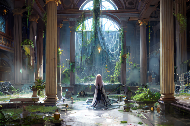 highly insanely detailed, masterpiece, top quality, best quality, highres, 4k, 8k, RAW photo, (very aesthetic, beautiful and aesthetic),  
Ancient Roman Interior Design,RomInt, 
<lora:RomanInterior-10:0.5>, 
(1girl:1.3), 
1other, 
, 
short hair with long locks,Blowing hair in the strong wind,updo hair,tendril bangs hairstyle,voluminous_look, 
, 
sunken ruins,chains,fireflies,tentacles,(spider webs,Cobwebs,spider silk:1.4),slime \(substance\), 
,âââ