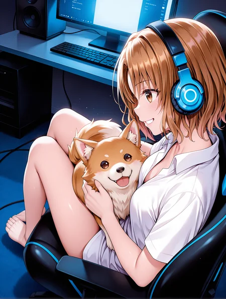 masterpiece,best quality,newest,
1girl,solo,
<lora:m_risa_ilxl_v1.1:1>,momioka,brown hair,brown eyes,untucked_shirt,m_clothes,short sleeve blouse,<lora:Fixhands_anime_bdsqlsz_V1:1>,sitting in her gaming chair,((streamer)),her face lit by computer screen,dim lighting,((gaming setup, gaming chair, gaming monitor)),streaming setup,face near viewer,((headphones)),from below,looking_away,profile,barefoot,bottomless,unbuttoned clothes,crossed_legs,large dog,grin,from_above,looking_at_animal,holding_animal,