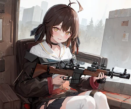 masterpiece, best quality, <lora:mtf-000004:1>, M14, holding rifle, sitting, aiming at viewer,