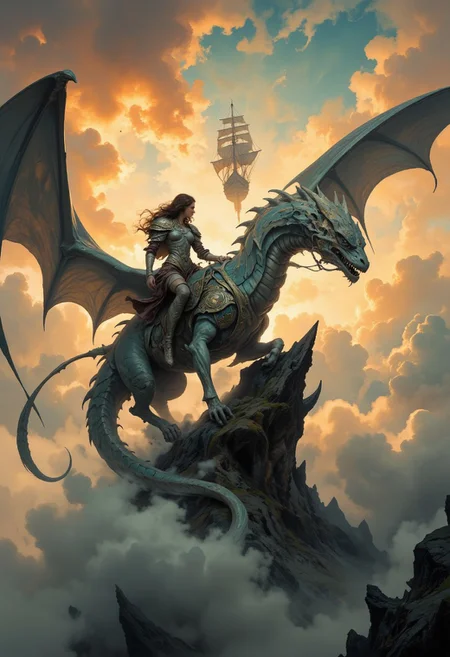score_9, score_8_up, score_7_up, 8k high quality digital painting, masterpiece, very detailed, ultra realistic, (best quality) very detailed epic masterpiece, unearthly beautiful, full body, boris vallejo style, frank frazetta style, realistic oil painting, retro artstyle, full body, 
A futuristic warrior rides on a flying dragon above the clouds and looks at a flying sailing ship in the distance that rises above the clouds. Closed cloud cover, above the clouds. The low sun creates long shadows and color effects on the clouds. Backlighting. Romantic, fairytale-like atmosphere. Fantasy. Dreamily beautiful, peaceful, epic scene, warm yellow light, sunset.
realistic, full body, Rembrandt style, Vermeer style, realistic realistic, realism, full body, photo realistic oil painting, photo realistic painting