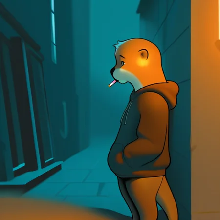 <lora:Inkune-09:0.9>inkune,
masterpiece,best quality,amazing quality, sfw,
BREAK
solo, otter, male, no human,
BREAK
1boy, no hair, fussy hair, displeasure expression, tired, hoodie, hood,
standing, smocking,
from side, half body, night, dark ambient, cigarette light, alley, focus face