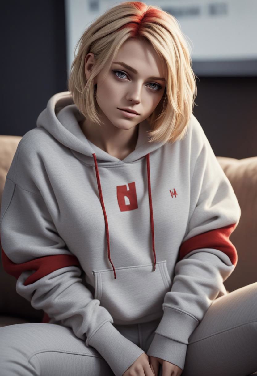 photo,real,1 girl, blond hair with red highlights, full_shot,cinematic_angle,(25 yo),Volumetric Lighting,available light, flat chest,hoodie,lowleg_pants,hair_flaps,short hair,smirk,sitting in sofa,