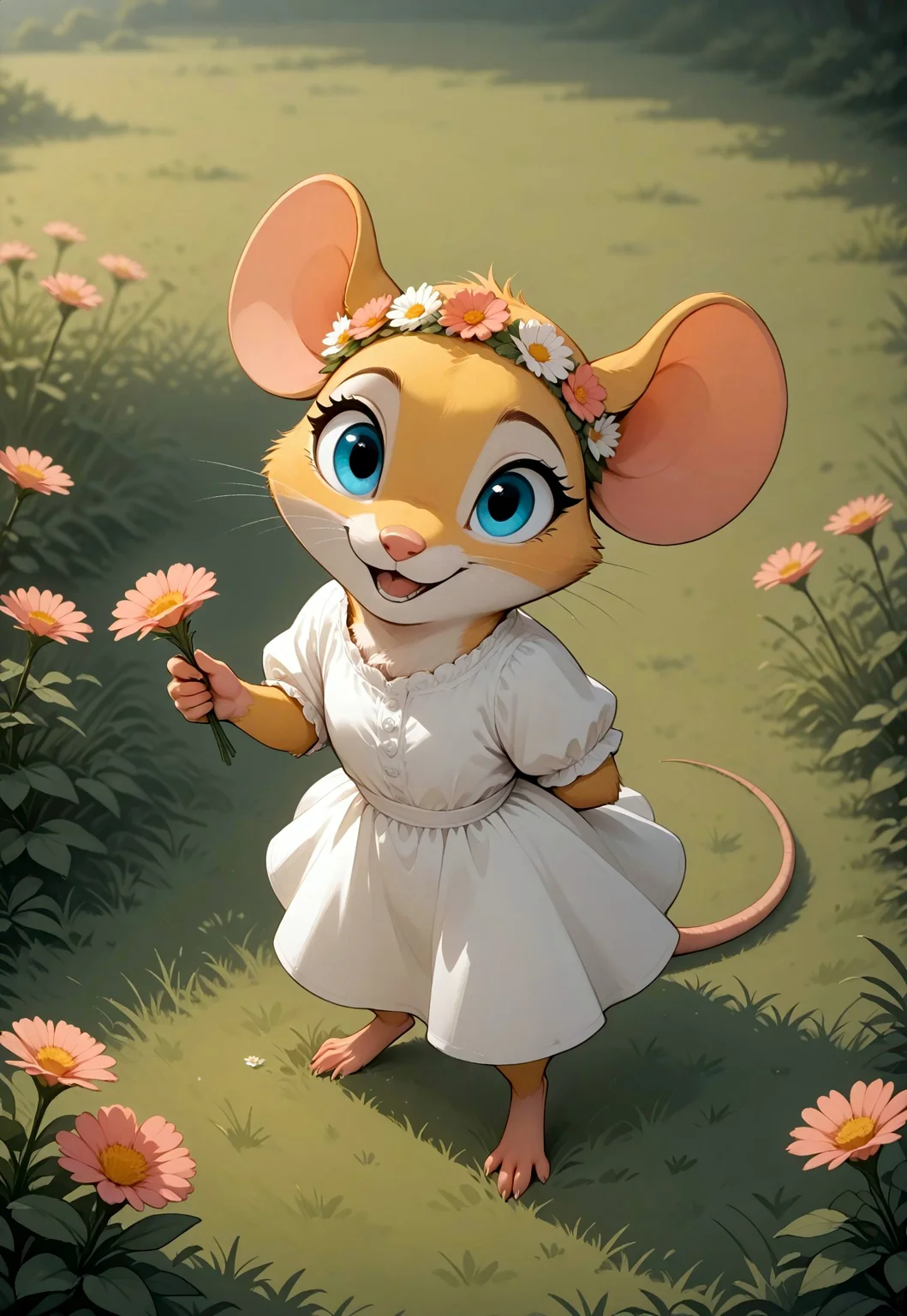 masterpiece, best quality, amazing quality,
m0use_istyle, (cute, toon:1.3), mouse, 1girl, yellow fur, blue eyes, white dress, head wreath, frilly, spring, field, (detailed background, flowers, tall grass:1.3), flowers, tall grass, flowers, tall grass, holding flowers, from above, standing, close up, (looking at viewer:1.2), one arm behind her back,