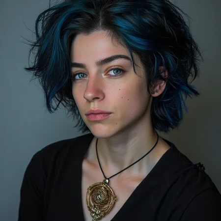 Princess beuty medieval woman, black and blue hair ,black dressed medieval