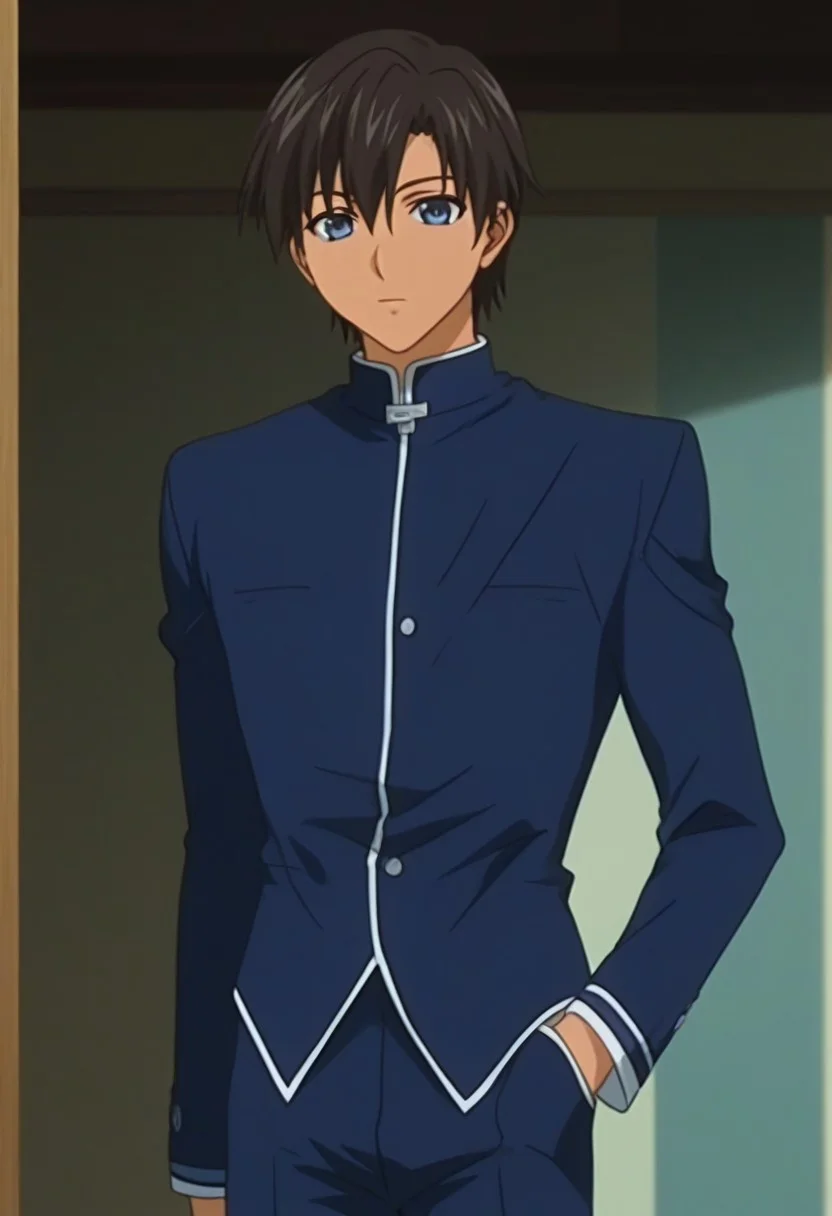 ((masterpiece)), ((best quality)), ((ultra-detailed)), ((absurdres)), score_9_up, score_8_up, score_7_up,
HD, top quality, best quality, amazing quality, High-quality illustrations, anime screencap, source_anime, best aesthetic, perfect proportions, perfect eyes, 1boy, 1male, solo boy, solo male, male focus, solo male focus, Anime, boy, male anime character, anime boy, handsome, cute, charming, sexy, Takumi Onodera, black-brown hair, long bangs, dark blue eyes, ((lean body)), slightly tanned skin, ((dark blue top, long sleeves, dark blue pants)), ((cowboy shot, head to hips shot)), ((school)), easynegative, updn, Expressiveh, masterpiece, best quality, very aesthetic, absurdres