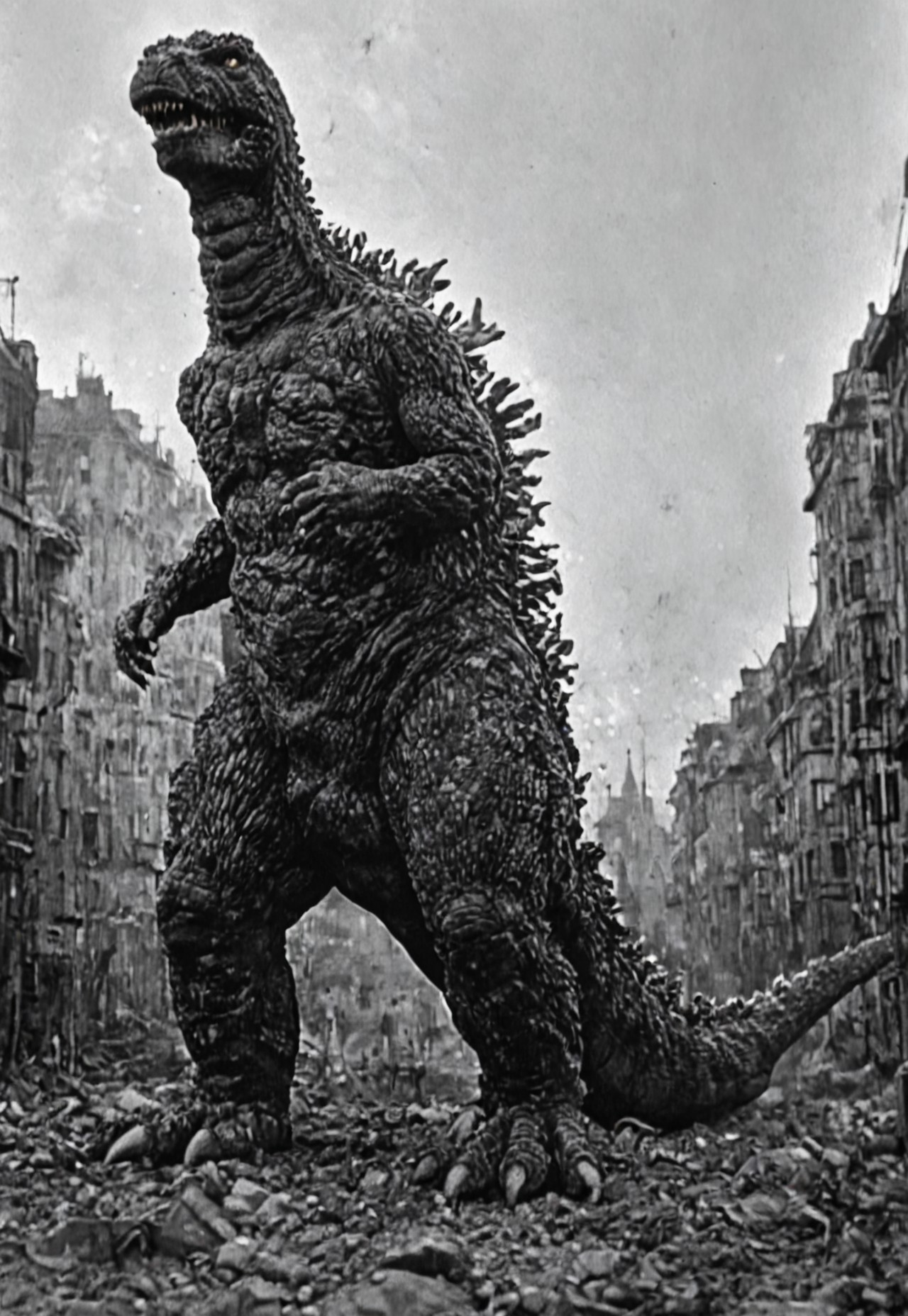 score_9, score_8_up, score_7_up, realistic, high quality, solo, 1man, giant dinosaur zilla_1998, sharp teeth, spines, blue spines, feral, realistic scales, detailed scale texture, solo, size difference, german village, solo, outdoors, city, city of fire, solo,furry male, solo, plantigrade, full body, solo, cinematic setting, extremely detailed, Macro detailed realism style photograph, 3DMM, world war 2, vintage, old photograph
