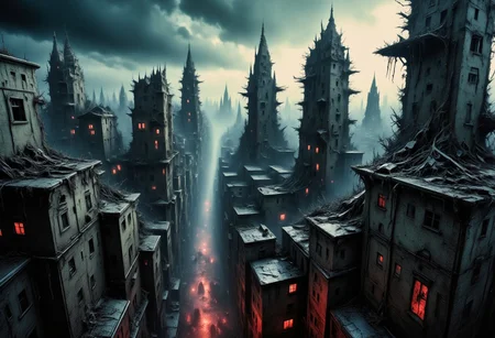 high quality, 8K Ultra HD, This artwork envisions a metropolis where elements of nightmarish surrealism converge into a scary, gore, horror scene, Escher's influence is subtly incorporated, transforming the city into an intricate, mind-bending spectacle, Stark contrasts between light and dark enhance the dreamlike quality of the scene, creating an unsettling yet captivating urban horrific dreamscape, photorealistic, ultra realistic