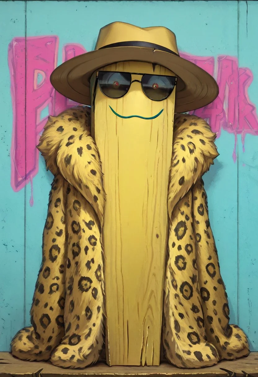 Pl4nk, pl4nk, pokemon (creature), Masterpiece, highest quality, high quality, looking at viewer, wide brimmed fedora hat, leopard fur coat on plank, sunglasses, (solo:1.2), (no humans:1.2), urban background, graffiti in background,