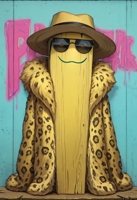 Pl4nk, pl4nk, pokemon (creature), Masterpiece, highest quality, high quality, looking at viewer, wide brimmed fedora hat, leopard fur coat on plank, sunglasses, (solo:1.2), (no humans:1.2), urban background, graffiti in background,