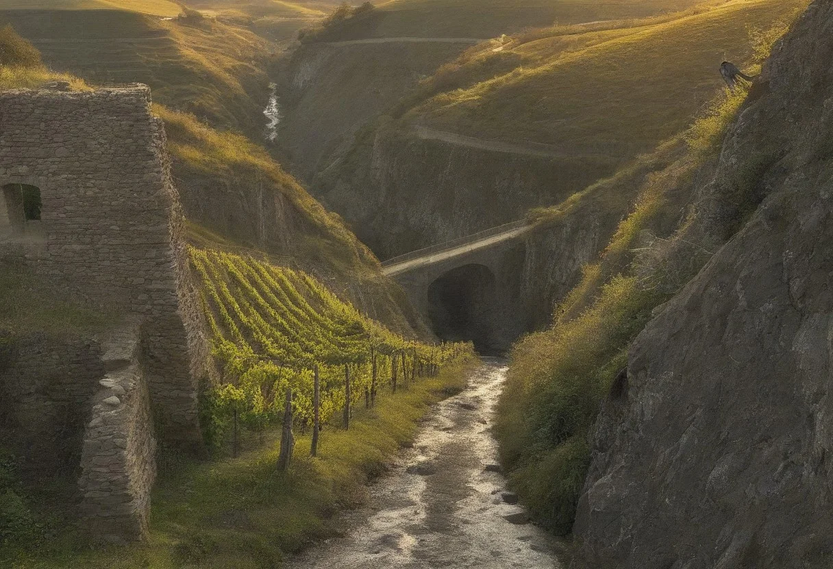 Claude Lorrain (golden hour), Vineyard on steep slate slopes, fox tracks in mud, clapper bridge over stream,grey heron stalking.,Art painting by Gustav Klimt and Takashi Murakami and Kay Sage, ,,
artstation trending, macro lens, volumetric light,
<lora:Illustration_Insanity:0.3>,
<lora:dreamshaperXL10_lora:0.7>,
<lora:extremely_detailed:0.3> extremely detailed,
<lora:DetailMaximizer:0.3>,, Surrealism art style, dreamlike and irrational imagery, explores the unconscious mind, juxtaposition of unlikely elements, challenges reality and logic