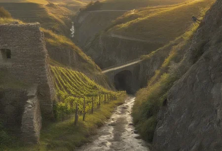 Claude Lorrain (golden hour), Vineyard on steep slate slopes, fox tracks in mud, clapper bridge over stream,grey heron stalking.,Art painting by Gustav Klimt and Takashi Murakami and Kay Sage, ,,
artstation trending, macro lens, volumetric light,
<lora:Illustration_Insanity:0.3>,
<lora:dreamshaperXL10_lora:0.7>,
<lora:extremely_detailed:0.3> extremely detailed,
<lora:DetailMaximizer:0.3>,, Surrealism art style, dreamlike and irrational imagery, explores the unconscious mind, juxtaposition of unlikely elements, challenges reality and logic