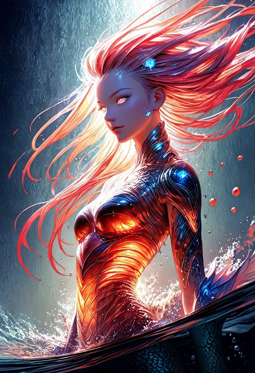 (score_9, score_8_up), score_7_up, zPDXL, solo, <lora:MythAnim3Style:0.8>, MythAn1m3,  source_anime, 1girl, mermaid, dark mysterious backgroud, Iridescent eyes, aquatic scene, dreamlike atmosphere, mystical, ethereal light, detailed textures, whimsical, rippling, dripping, water element, very long cascading hair, water, very beautiful, sexy, sexy body, beautiful body, scales, wet body, Iridescent scales, bubbles, water drops, Iridescent skin, multi colored eyes, partially underwater shot, watce, bioluminescent skin, bioluminescent, glowing, bioluminescent scales, bioluminescent hair,  FastNegativeV2, laser light clothes, submerged breast, water line on lense, view from under water, light hair