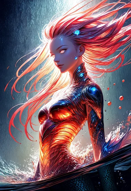 (score_9, score_8_up), score_7_up, zPDXL, solo, <lora:MythAnim3Style:0.8>, MythAn1m3,  source_anime, 1girl, mermaid, dark mysterious backgroud, Iridescent eyes, aquatic scene, dreamlike atmosphere, mystical, ethereal light, detailed textures, whimsical, rippling, dripping, water element, very long cascading hair, water, very beautiful, sexy, sexy body, beautiful body, scales, wet body, Iridescent scales, bubbles, water drops, Iridescent skin, multi colored eyes, partially underwater shot, watce, bioluminescent skin, bioluminescent, glowing, bioluminescent scales, bioluminescent hair,  FastNegativeV2, laser light clothes, submerged breast, water line on lense, view from under water, light hair