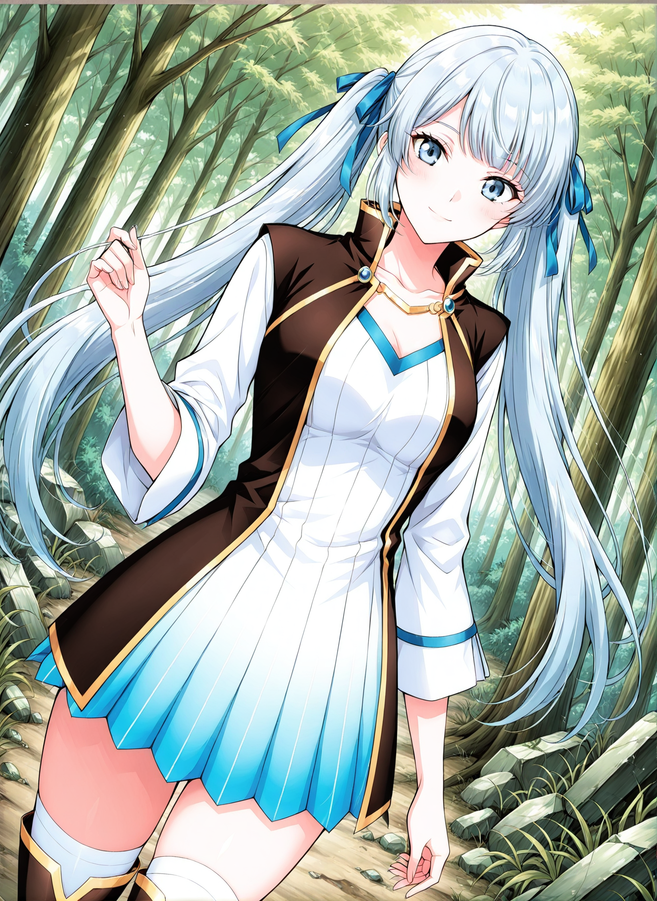 <lora:Xue_Mei_v6__Battle_Through_the_Heavens__Illustrious:1>
1 girl, solo, greyish blue eyes, light blue hair, long hair, straight fringe, twin tails, 
white and blue gradient dress, vertical stripe pattern, long sleeve dress, golden trim, short skirt,  V-neckline, hair ribbon, blue-grey eyes, short fantasy dress, white and blue outfit, sleeveless gold-trimmed vest, sleeveless waistcoat, , dark brown waistcoat high collar waistcoat, waistcoat with gold lining, white thigh-high socks, gold-trimmed boots, black boots, one-piece dress design
score_9, score_8_up, score_7_up, very aesthetic, source_anime, detailed, high quality, beautiful, masterpiece, detailed eyes, forest, tree, ruins, cowboy shot, dynamic angle, upper body, light smile, dynamic pose