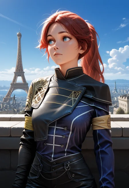 masterpiece, best quality, amazing quality, 1girl, <lora:maelle_illustrious:1>, ma3ll3,
asymmetrical shirt, gloves, black pants, armband,
paris, eiffel tower, upper body, dawn
