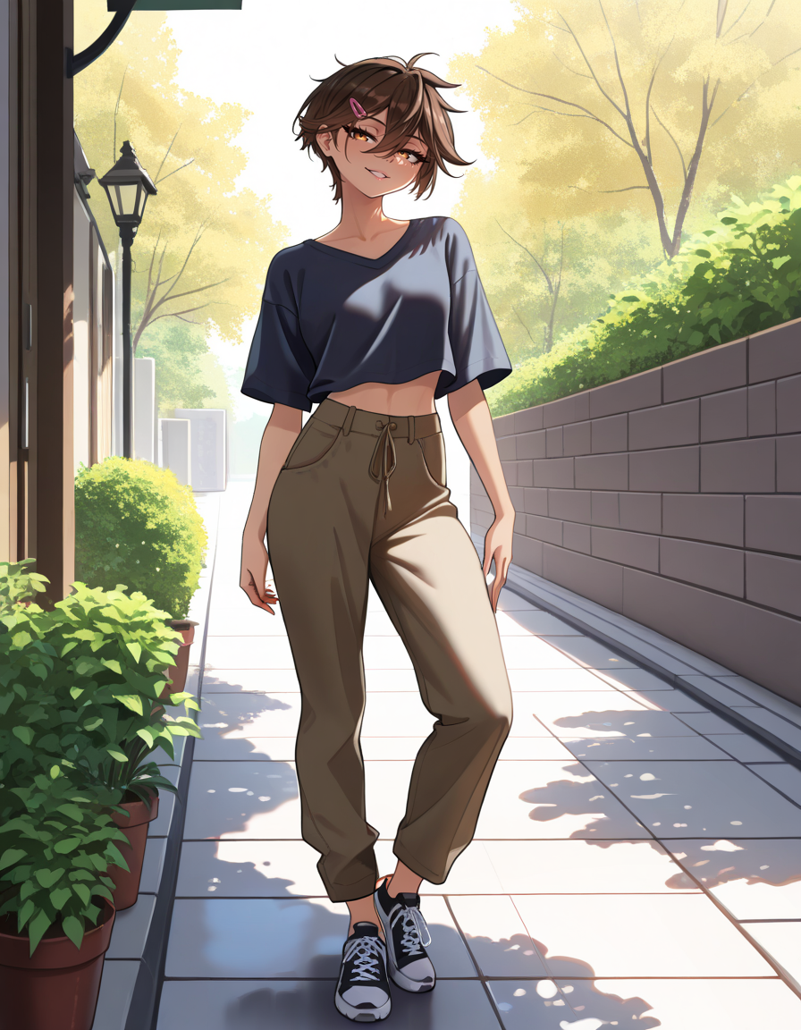masterpiece, best quality, very aesthetic, absurdres,
outdoors, casual, 
full body, standing, posing, 
 seductive smile, parted lips, long eyelashes,
<lora:Sasha_v01_NAIXL:1>
S4sh4,1girl,solo,tomboy,short hair,brown hair,hairclip,hair between eyes,brown hair,bangs,
