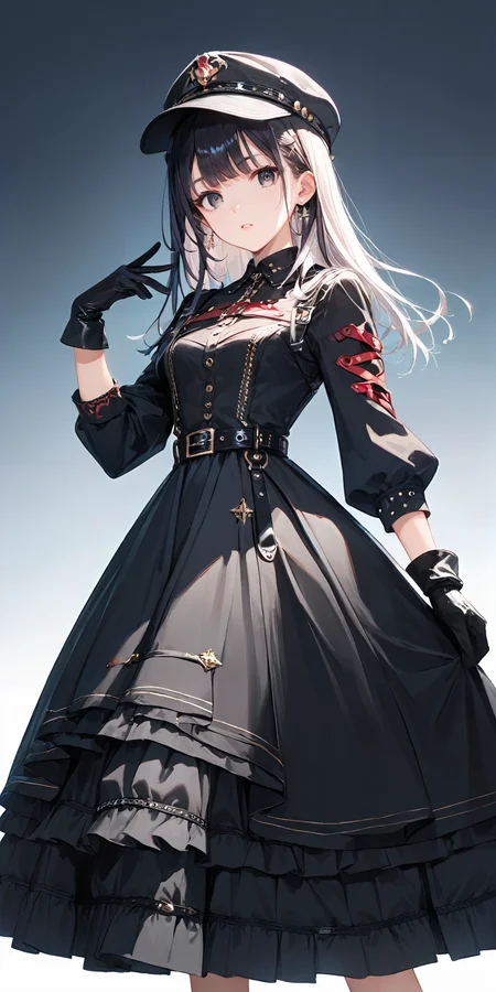score_9, score_8_up, score_7_up,source_anime, high res image,masterpiece,best quality,girl,cute face,clear skin,shiny hair,ultra detailed eyes,simple background, <lora:military uniform_pony_V1.0:0.6> jyojifuku,m dress, hat, belt,gloves,black dress
