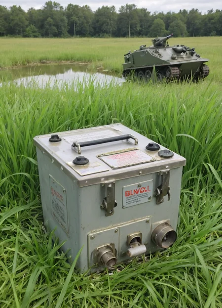 advertising for a (blngvsl) item in nature, tank in the background, grass in the foreground,
<lora:British_Army_Boiling_Vessel_SDXL:1>
