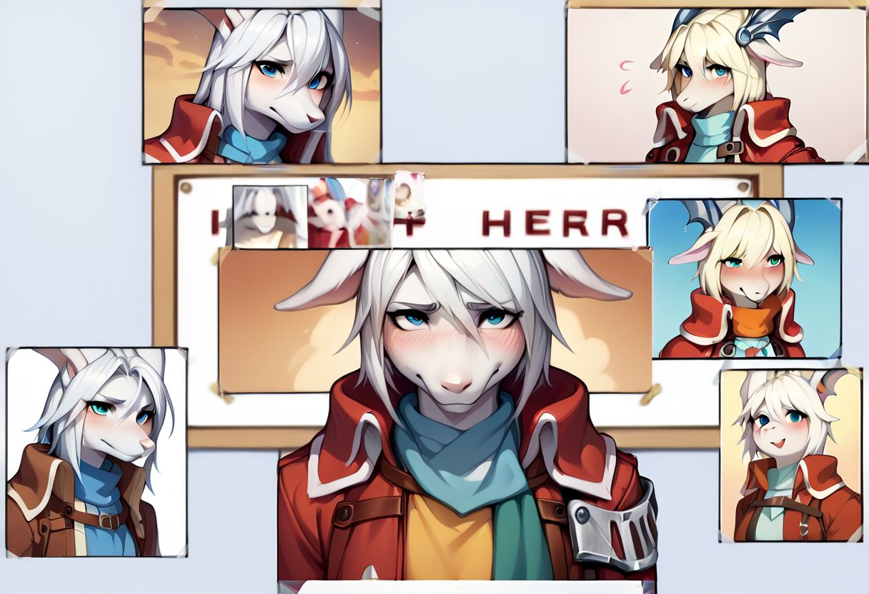 score_9, score_8_up, score_7_up, score_6_up BREAK photo (object), english text, multiple views, poster,difh,cropped,tape,(FreyaC:2),female focus, white fur, red coat, dragoon wings, shy, blushing, <lora:DIFH:1>