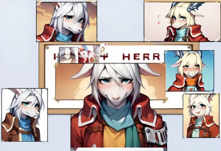 score_9, score_8_up, score_7_up, score_6_up BREAK photo (object), english text, multiple views, poster,difh,cropped,tape,(FreyaC:2),female focus, white fur, red coat, dragoon wings, shy, blushing, <lora:DIFH:1>
