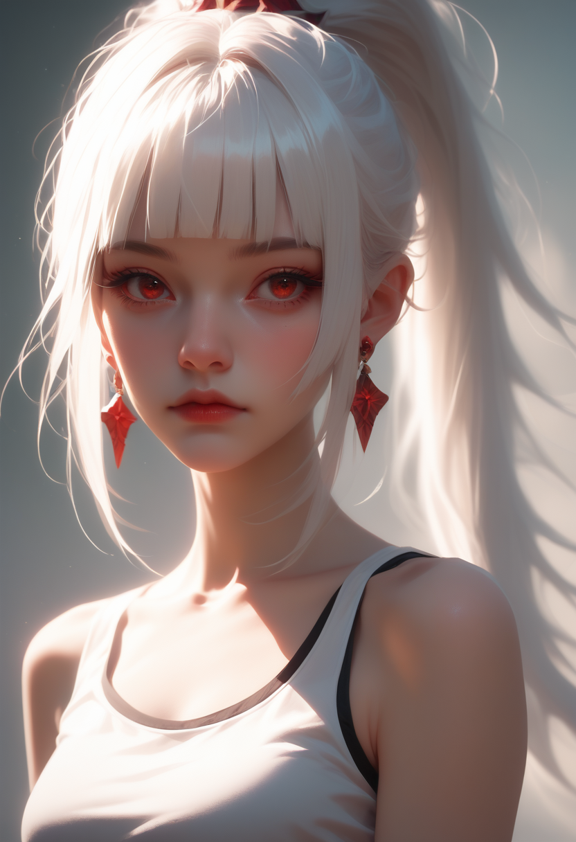 score_9, score_8_up, score_7_up, rating_safe,
1girl, solo, white tank top, ruby earrings,
<lora:Dark_Sayuki_Pony_v0.1:0.5> d4rks4yuk1, white hair, hime cut, ponytail,